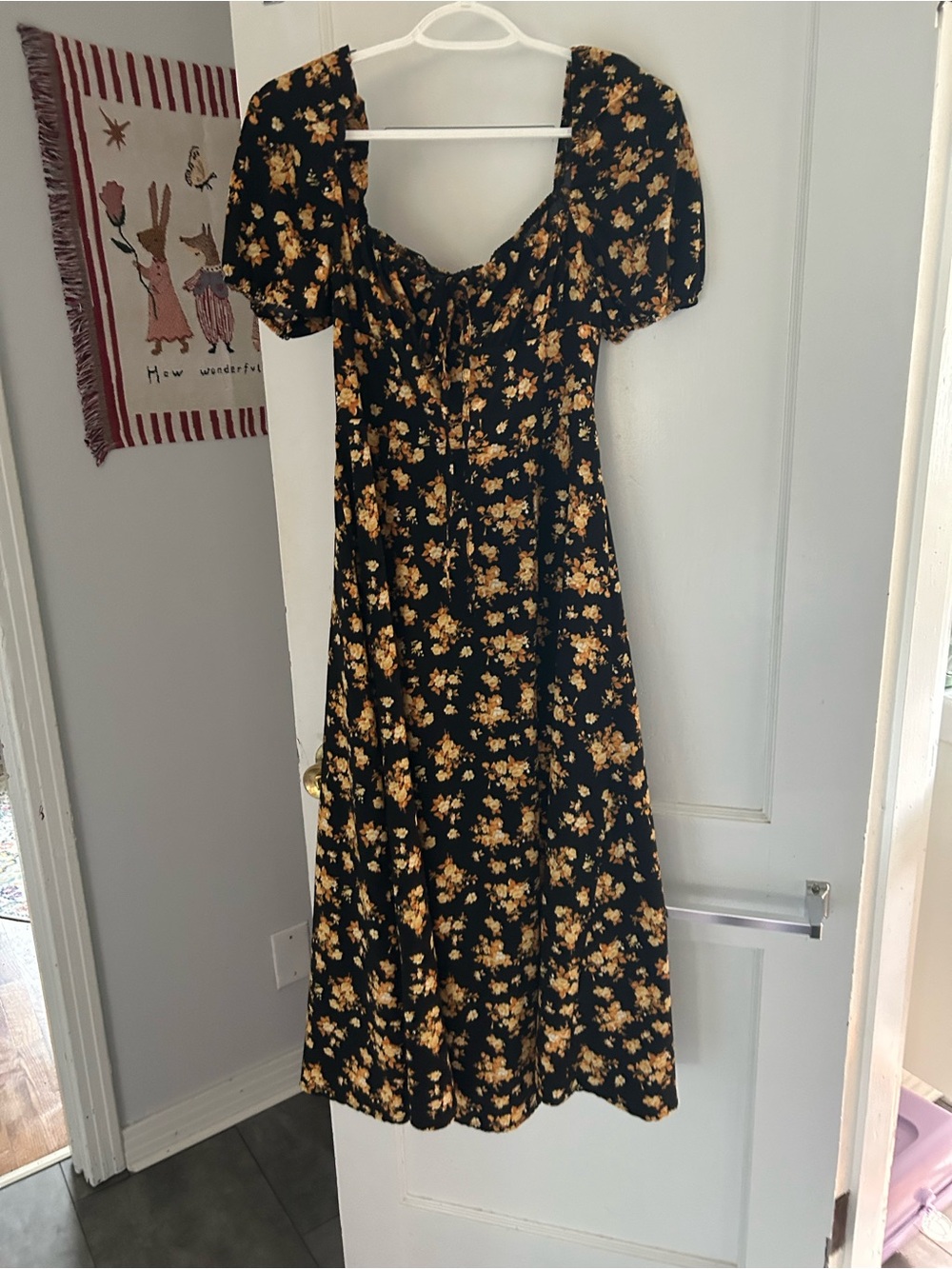 Lioness Black Midi Dress with Yellow Floral Print and Puff Sleeves